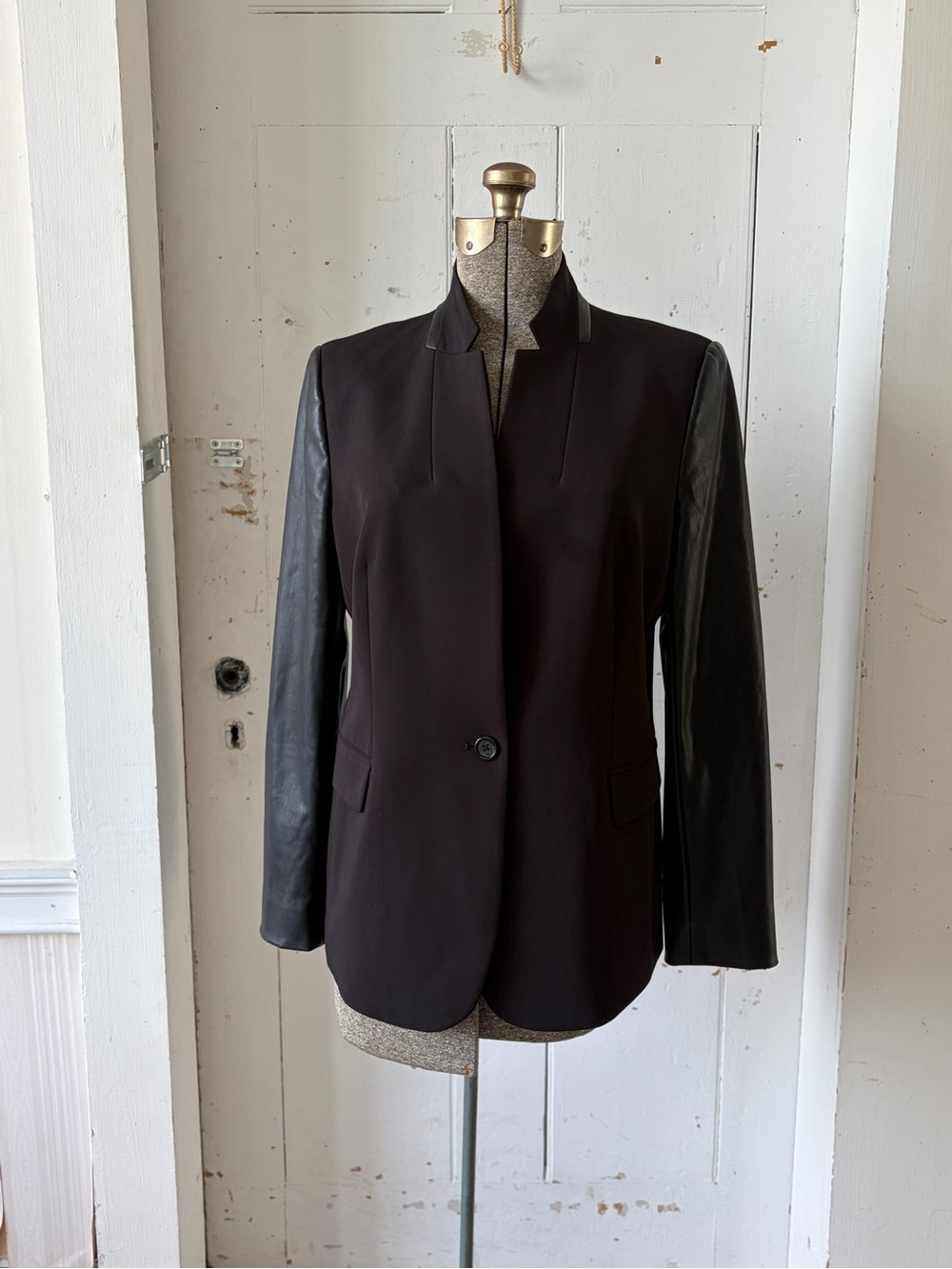 DKNY Black Mixed Media Blazer Jacket with Faux Leather Sleeves